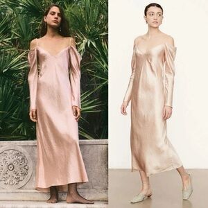 Vince Cold-Shoulder Draped Crinkled- Satin Midi Dress in Pearl Blush Pink